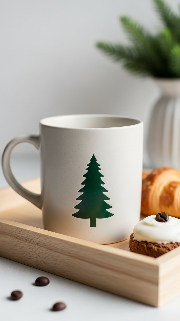 Minimalist ceramic mug with single pine tree accent in forest green
