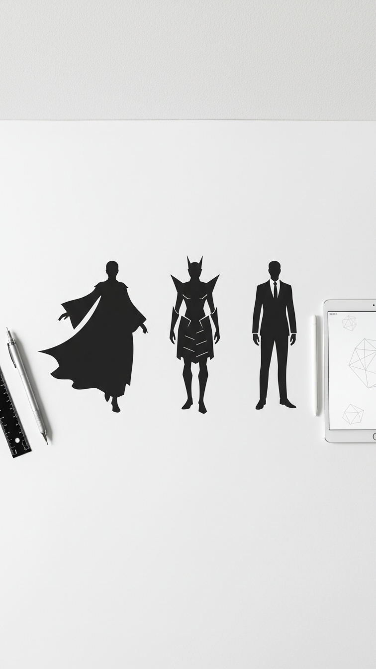 Minimalist character silhouettes showcasing different clothing shapes including flowing cape and angular armor