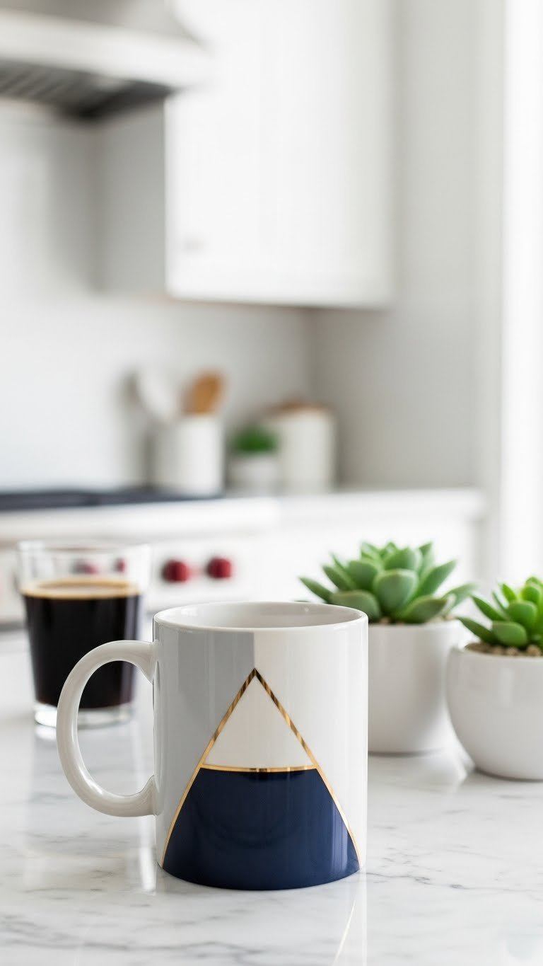 Minimalist geometric ceramic mug with contrasting gray and white pattern on marble countertop in bright kitchen setting