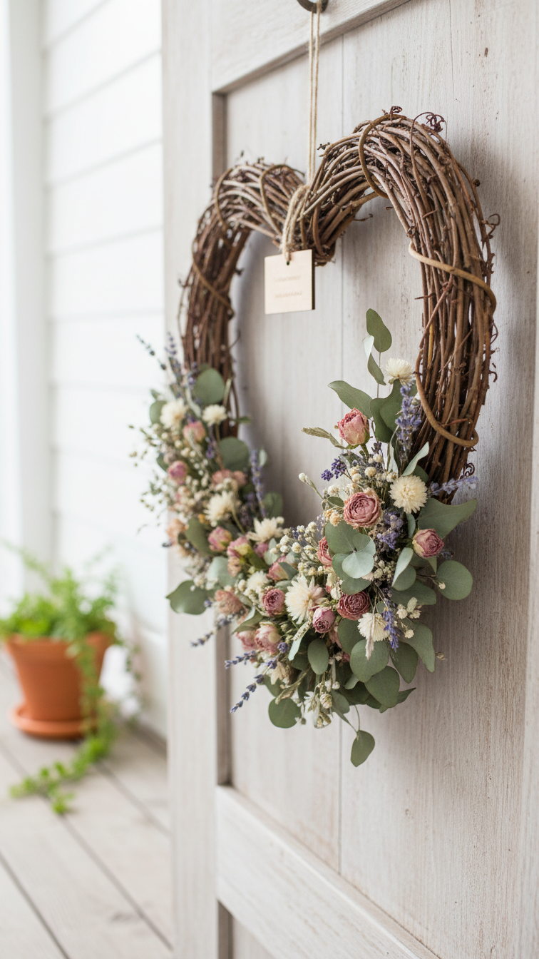 Minimalist heart-shaped grapevine wreath with dried flowers hanging on rustic wooden door for Valentine's