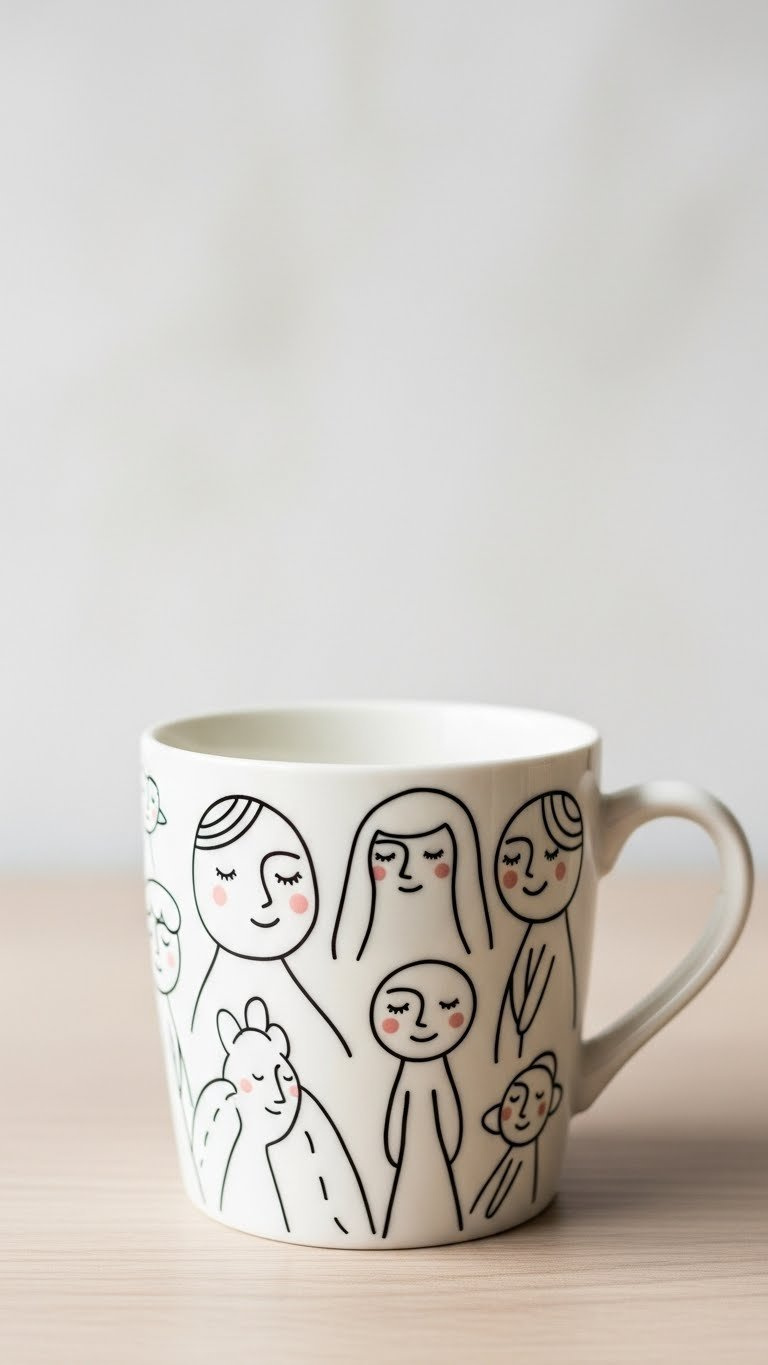 Minimalist line art character painted mug on light wooden surface with clean symmetrical composition