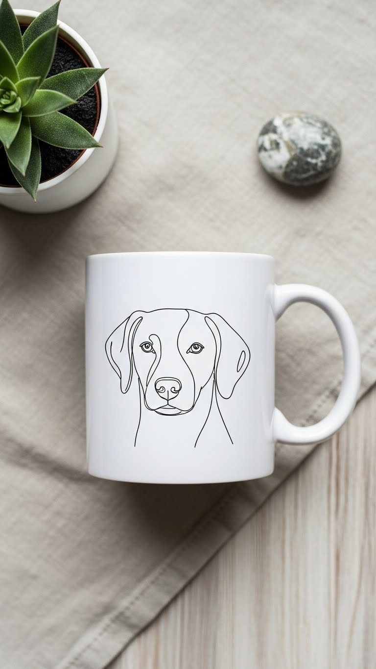 Minimalist line art dog portrait on white ceramic mug with clean symmetrical layout against wooden surface