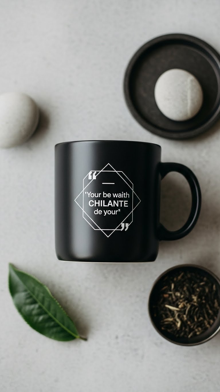 Minimalist matte black ceramic mug with white sans-serif quote on stone surface with river stones and tea leaf