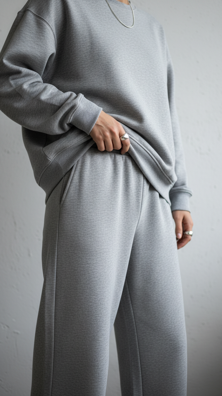 Minimalist monochrome outfit featuring matching grey sweatshirt and wide-leg sweatpants in clean interior setting