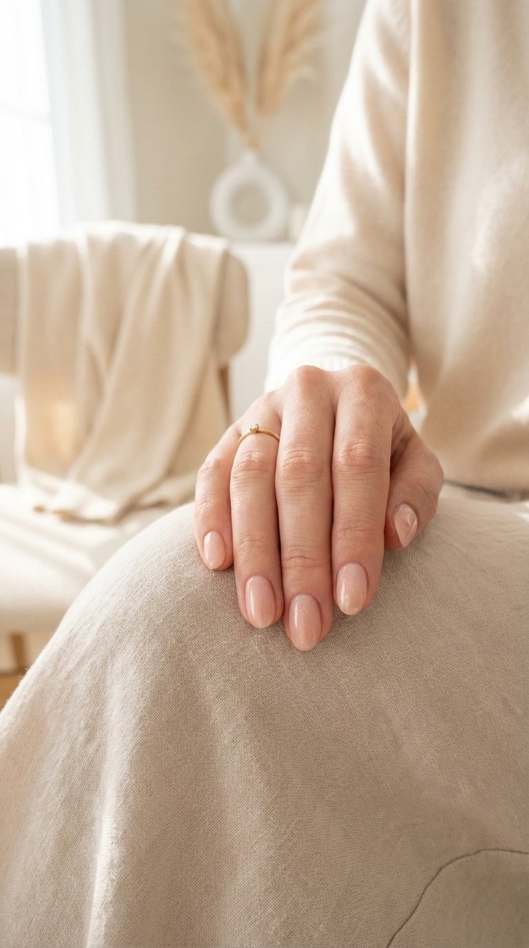 Minimalist nude pink shimmer nails by Hailey Bieber on light linen fabric with soft natural daylight