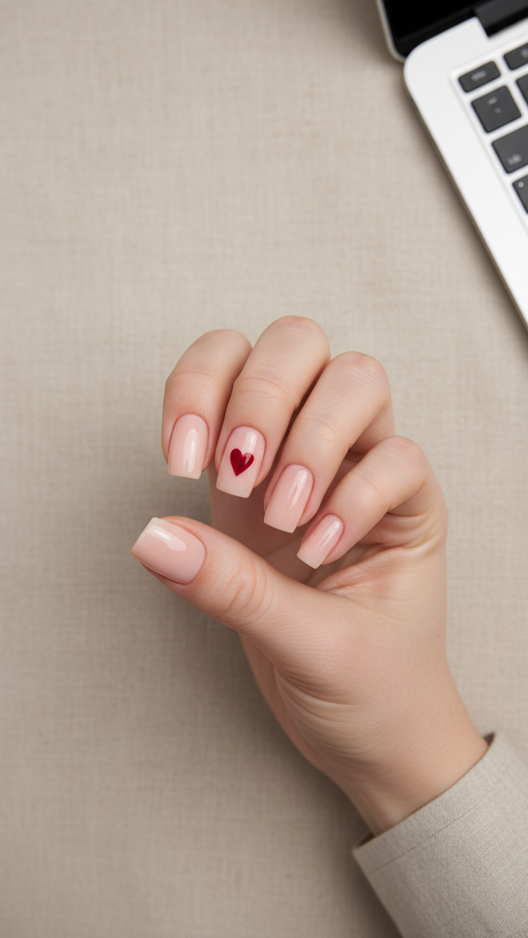 Minimalist nude square nails with floating red hearts on beige linen background with laptop corner
