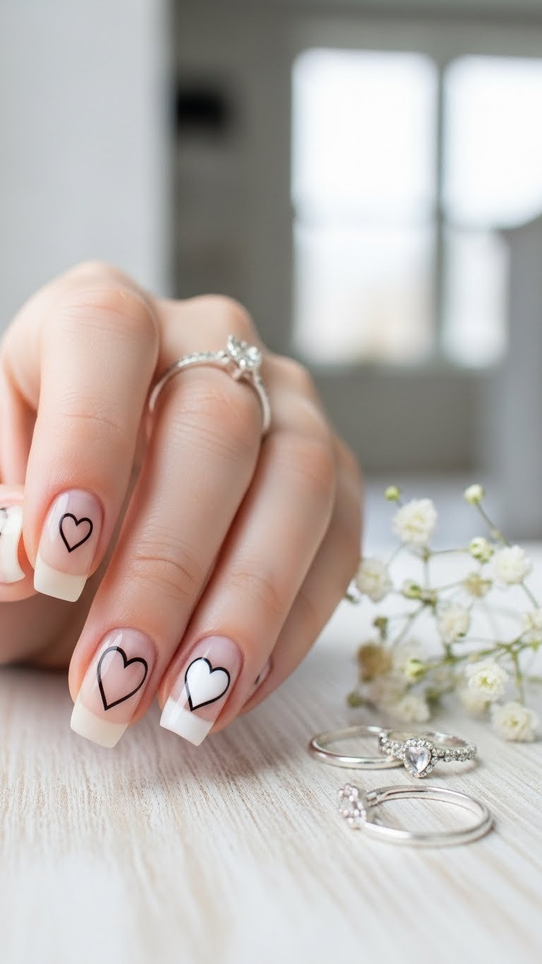 Minimalist outline blooming gel hearts in pastel colors on nude nail base with soft diffused edges