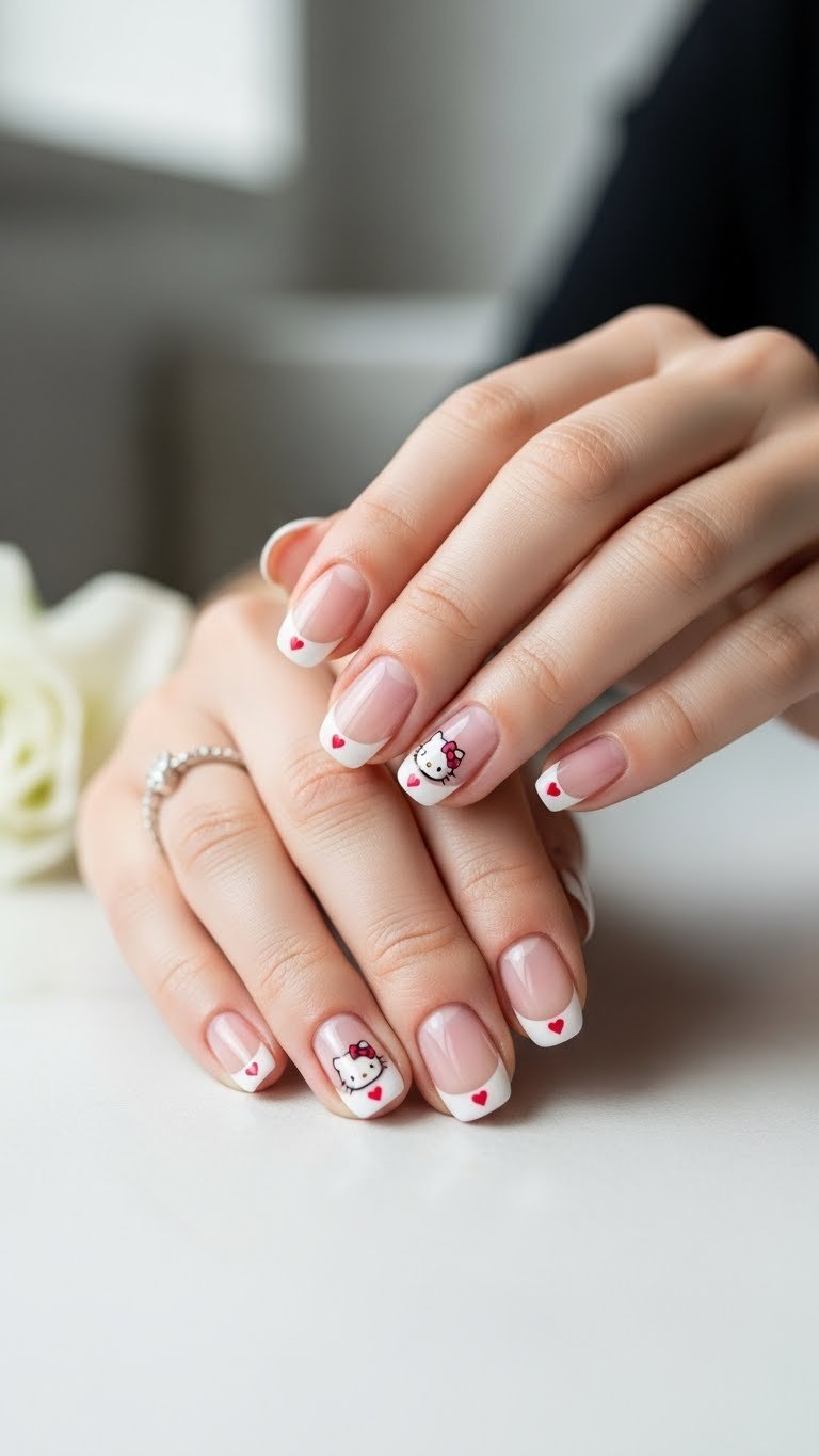 Minimalist oval nails with sheer base and delicate Hello Kitty silhouettes at tips featuring tiny heart accents.