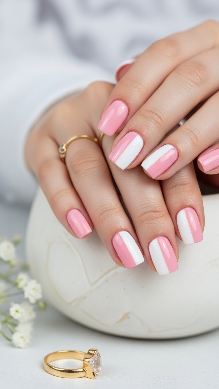 Minimalist pink and white color block Valentine's gel nails on light ceramic surface