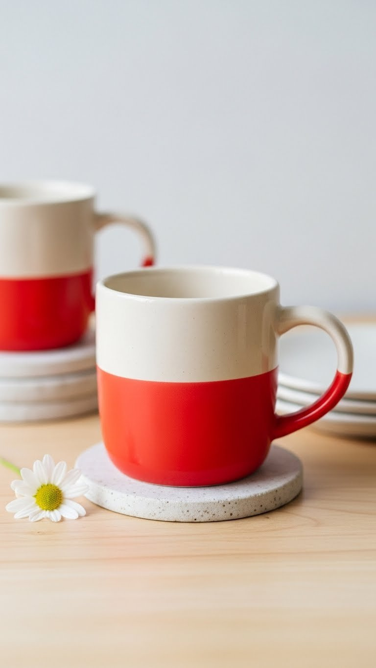 Minimalist red dip painted ceramic mug with clean sharp line separation on light-colored wooden surface