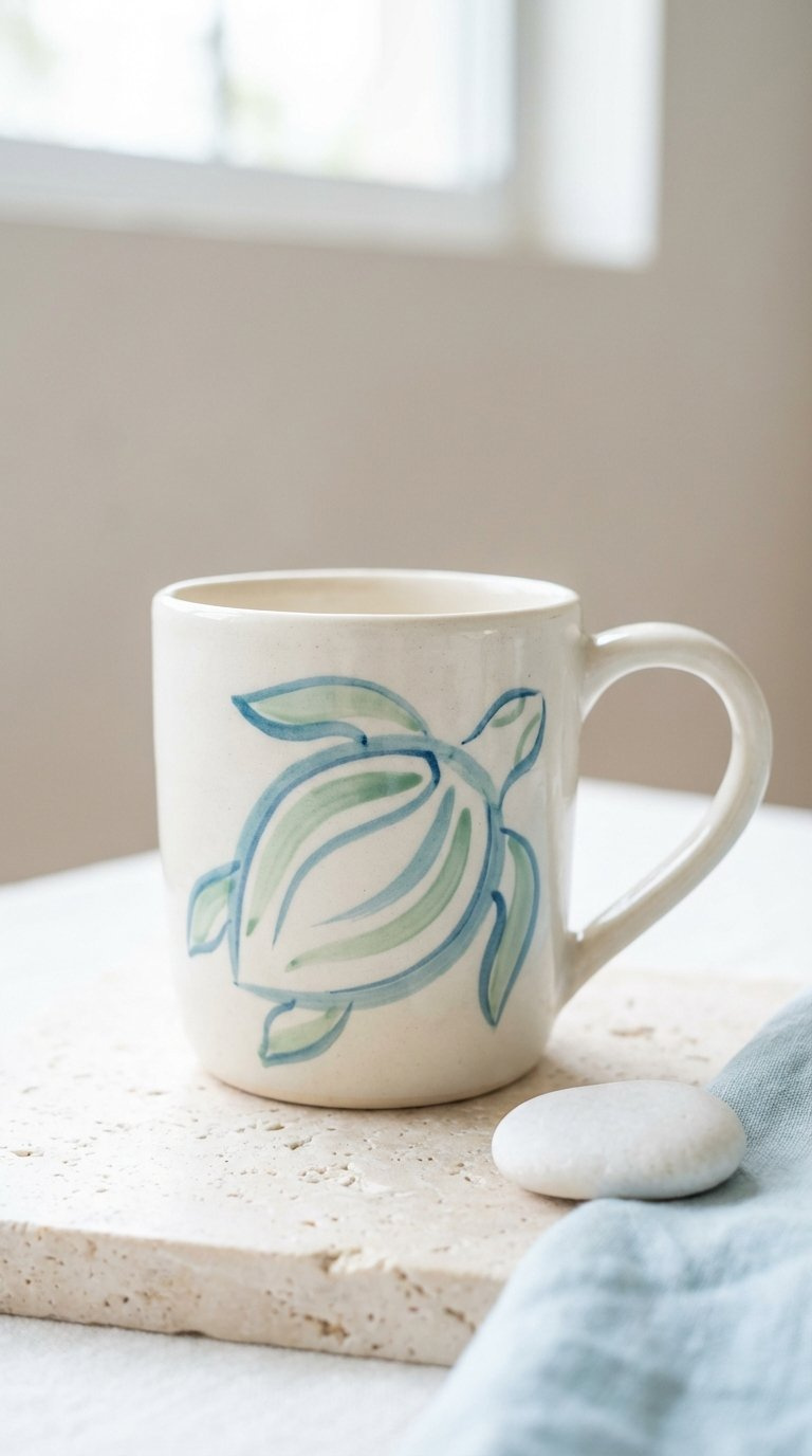 Minimalist sea turtle design ceramic mug with clean lines and tranquil blue-green color palette.