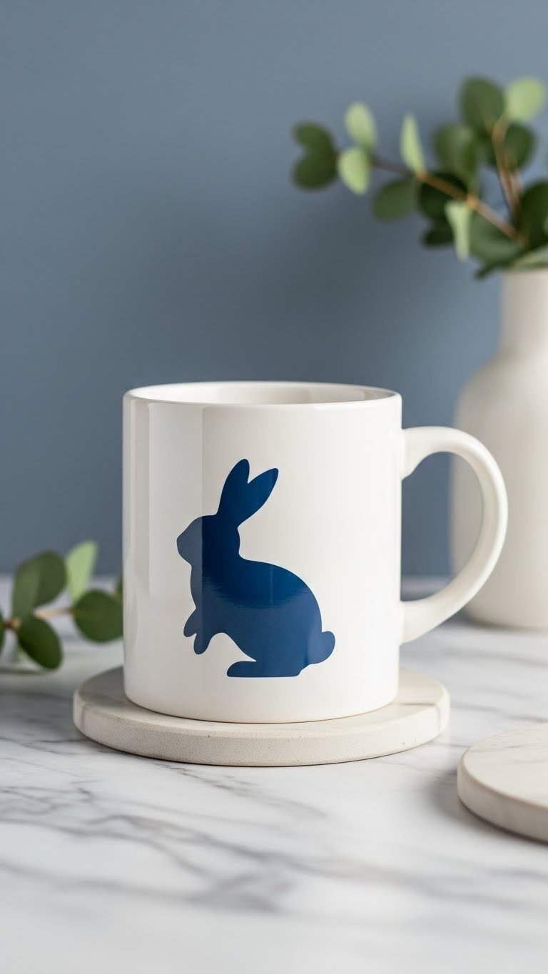 Minimalist silhouette bunny art painted ceramic mug on marble countertop with clean symmetrical flat lay composition