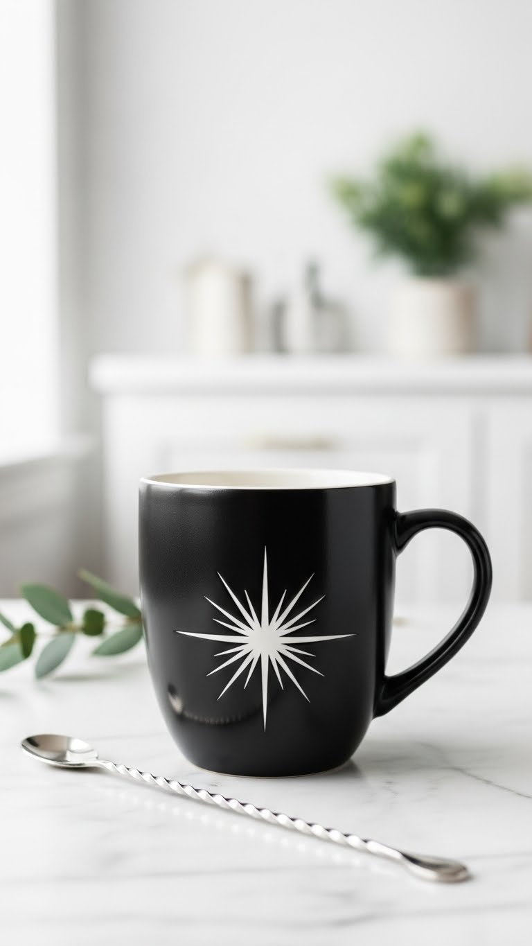 Minimalist starburst design ceramic mug with clean white radiating lines against deep black background on marble surface