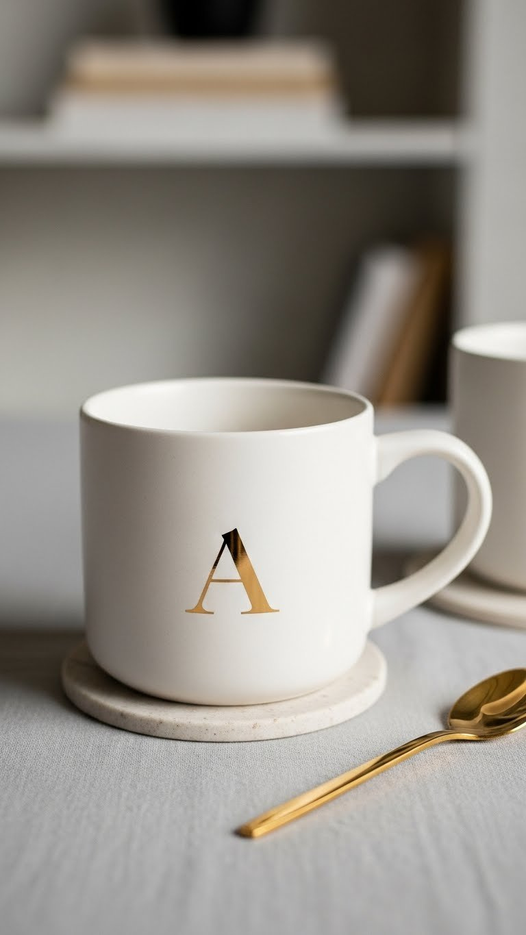 Minimalist white ceramic mug with elegant gold foil initial in serif font on light gray linen tablecloth with warm golden hour lighting.