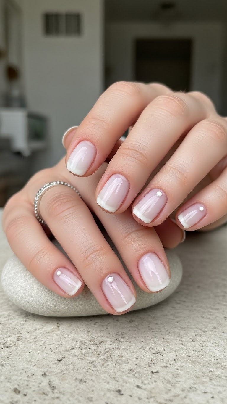 Minimalist white dot accent nails on sheer milky white base with clean modern aesthetic