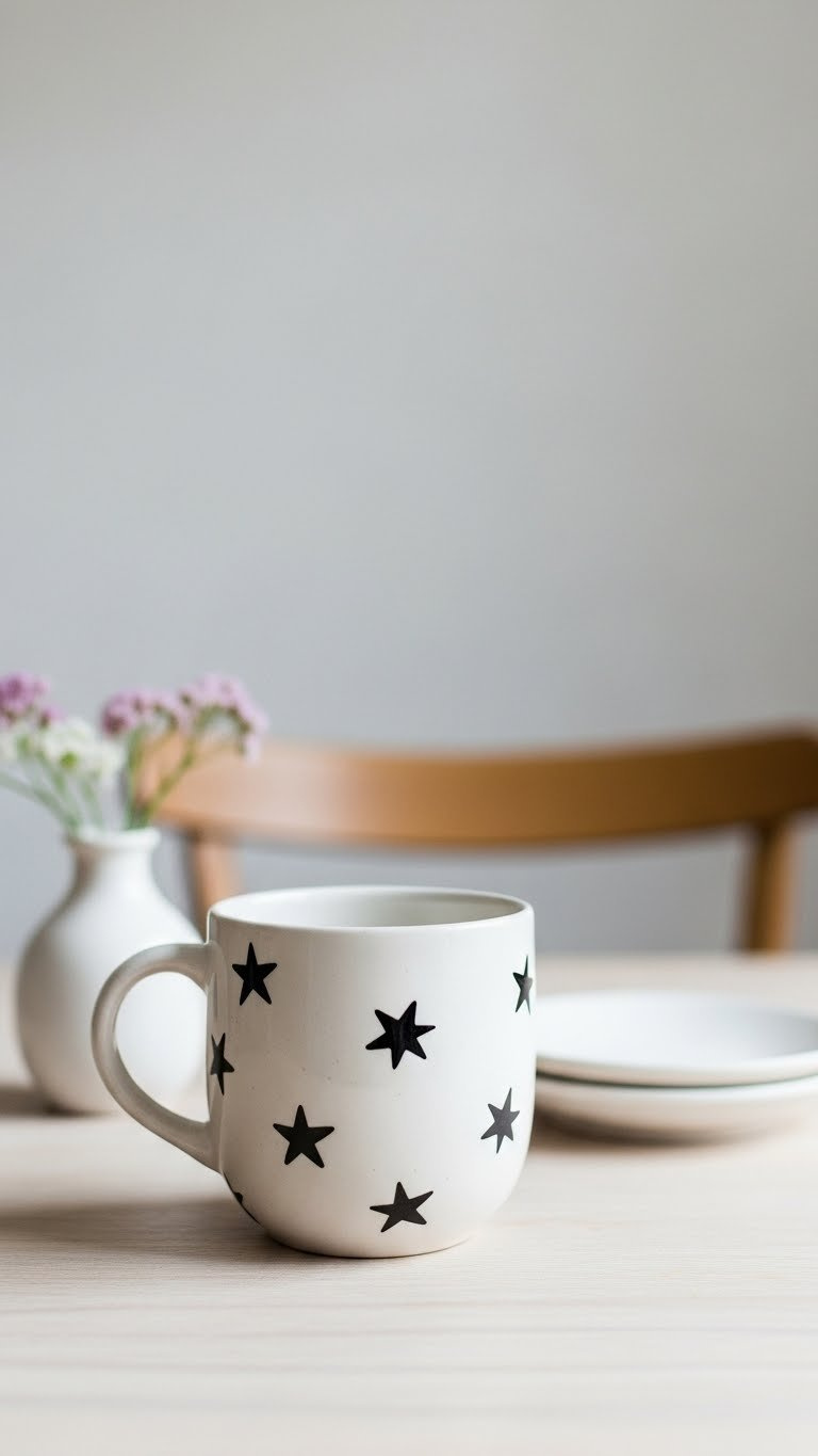 Minimalist white stoneware mug with hand-painted black stars on light wooden table arrangement