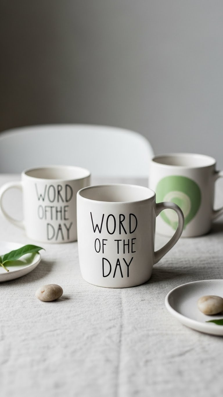 Minimalist word of the day mug with elegant typography on linen tablecloth with natural elements