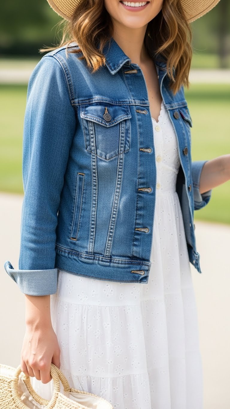 Model in a medium-wash denim jacket layered over a white sundress, photographed in a sunny park garden setting