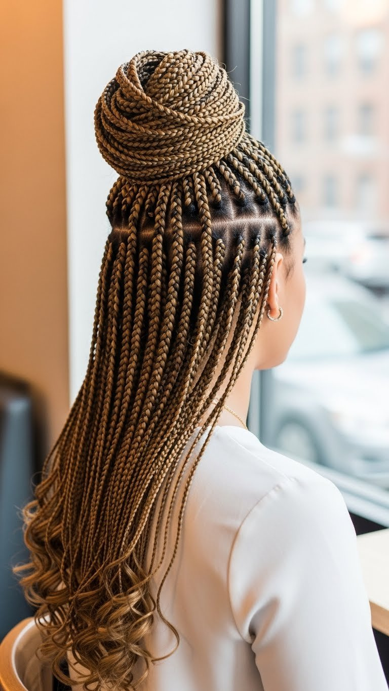 Model showcasing chic half-up half-down knotless braids hairstyle with soft bun crown against urban cafe background