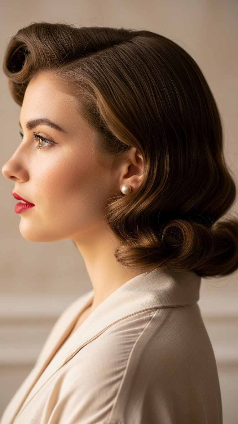 Model showcasing classic 1950s pin-up curls cascading around her face with perfect definition and shine against a soft neutral backdrop.