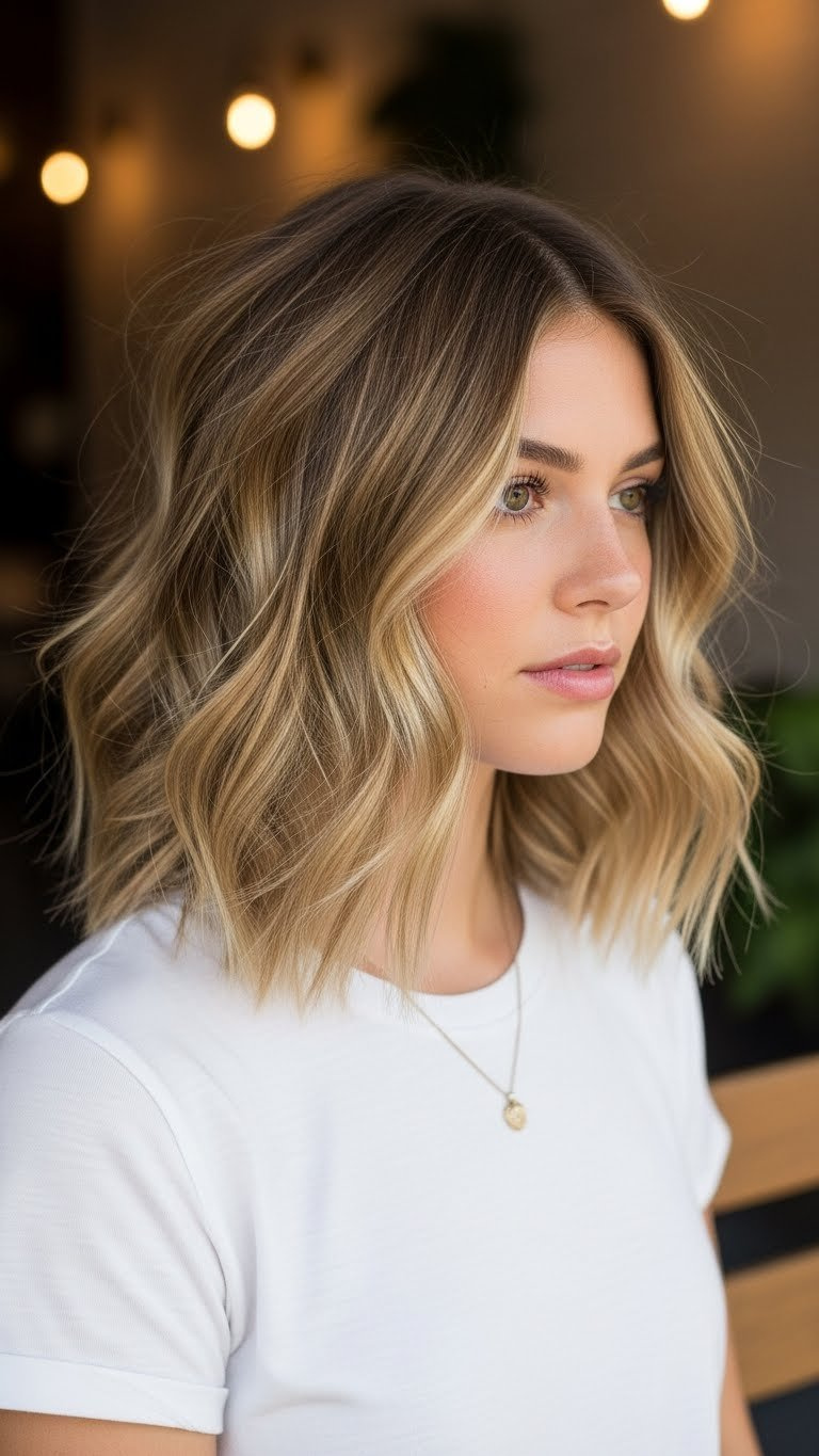 Model with round face wearing shoulder-length textured lob haircut in urban cafe setting with soft waves