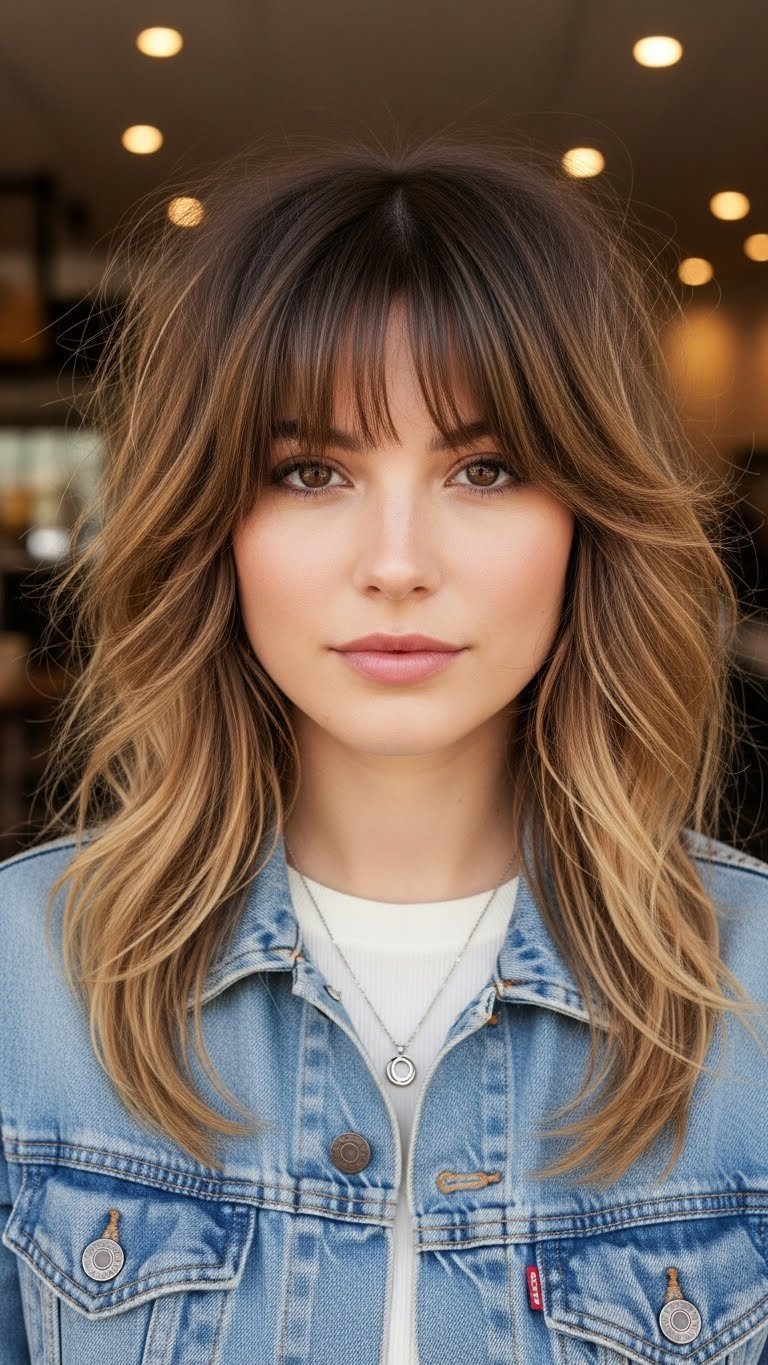 Modern 70s shag haircut with choppy layers and curtain bangs in urban cafe setting with natural lighting.