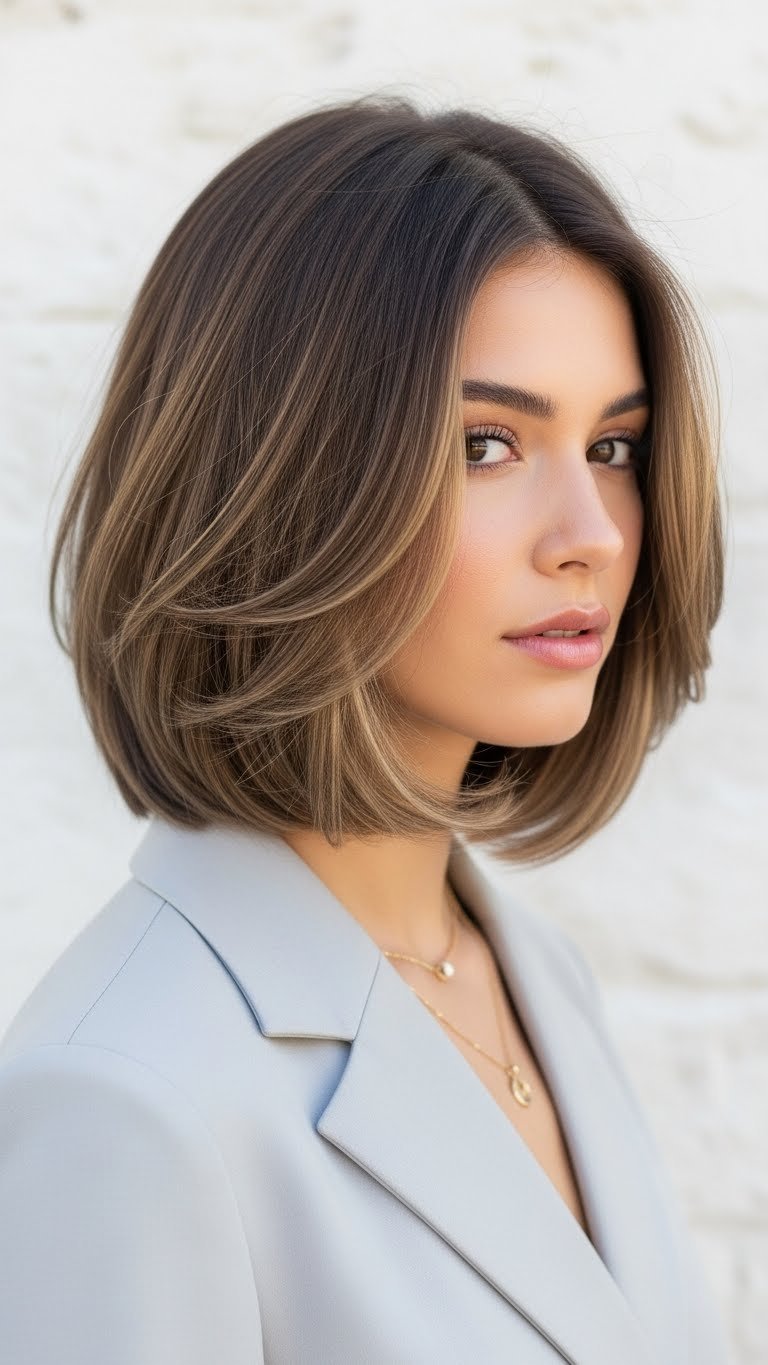 Modern Korean Layered Bob hairstyle with graduated layers and slight inward curl at ends against clean minimalist white background.