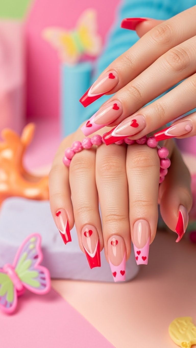 Modern Y2K V-tip French manicure with pink and red XOXO designs on long nails against textured pastel background.