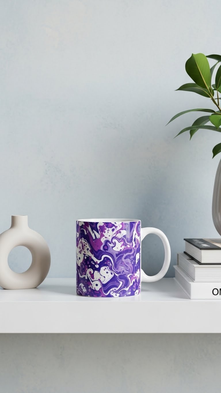 Modern abstract art purple ceramic mug with vibrant swirls on minimalist white shelf with decorative plants