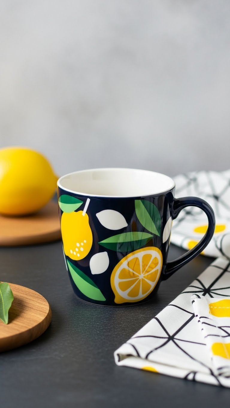 Modern abstract lemon mug with bold geometric shapes in bright yellow on dark blue ceramic surface