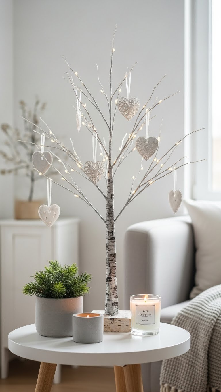 Modern birch branch Valentine's tree with white and silver heart ornaments on minimalist side table