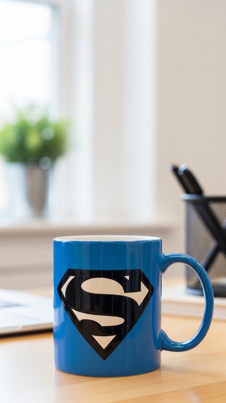 Modern ceramic coffee mug with bold superhero symbol silhouette on light background placed on minimalist desk with soft bokeh background