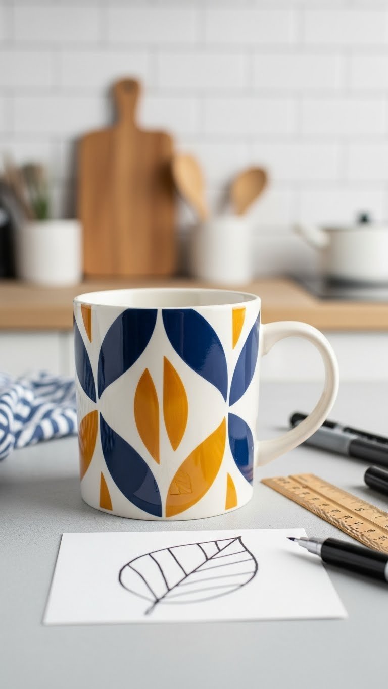 Modern ceramic mug with abstract geometric leaf patterns in navy and mustard on light concrete surface
