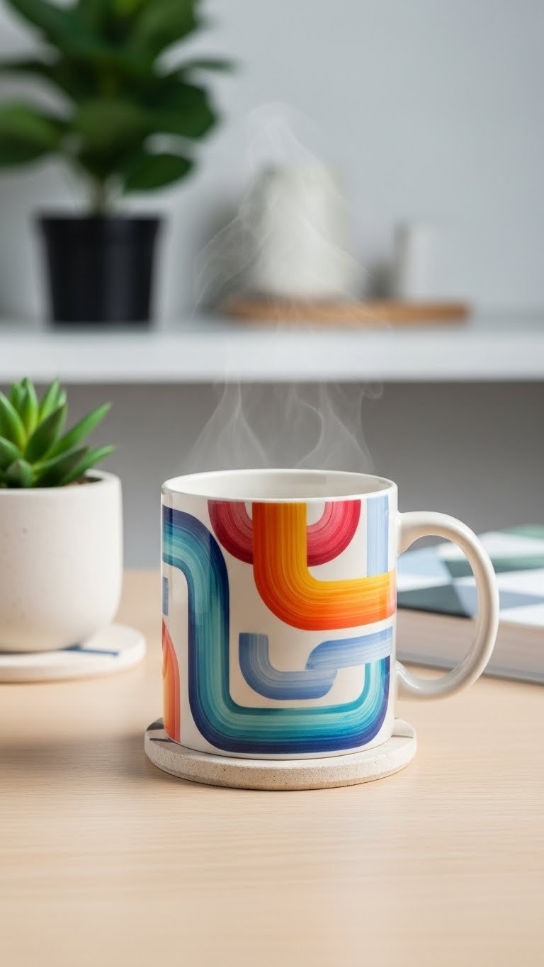 Modern ceramic mug with abstract geometric patterns on light wooden table in bright minimalist setting