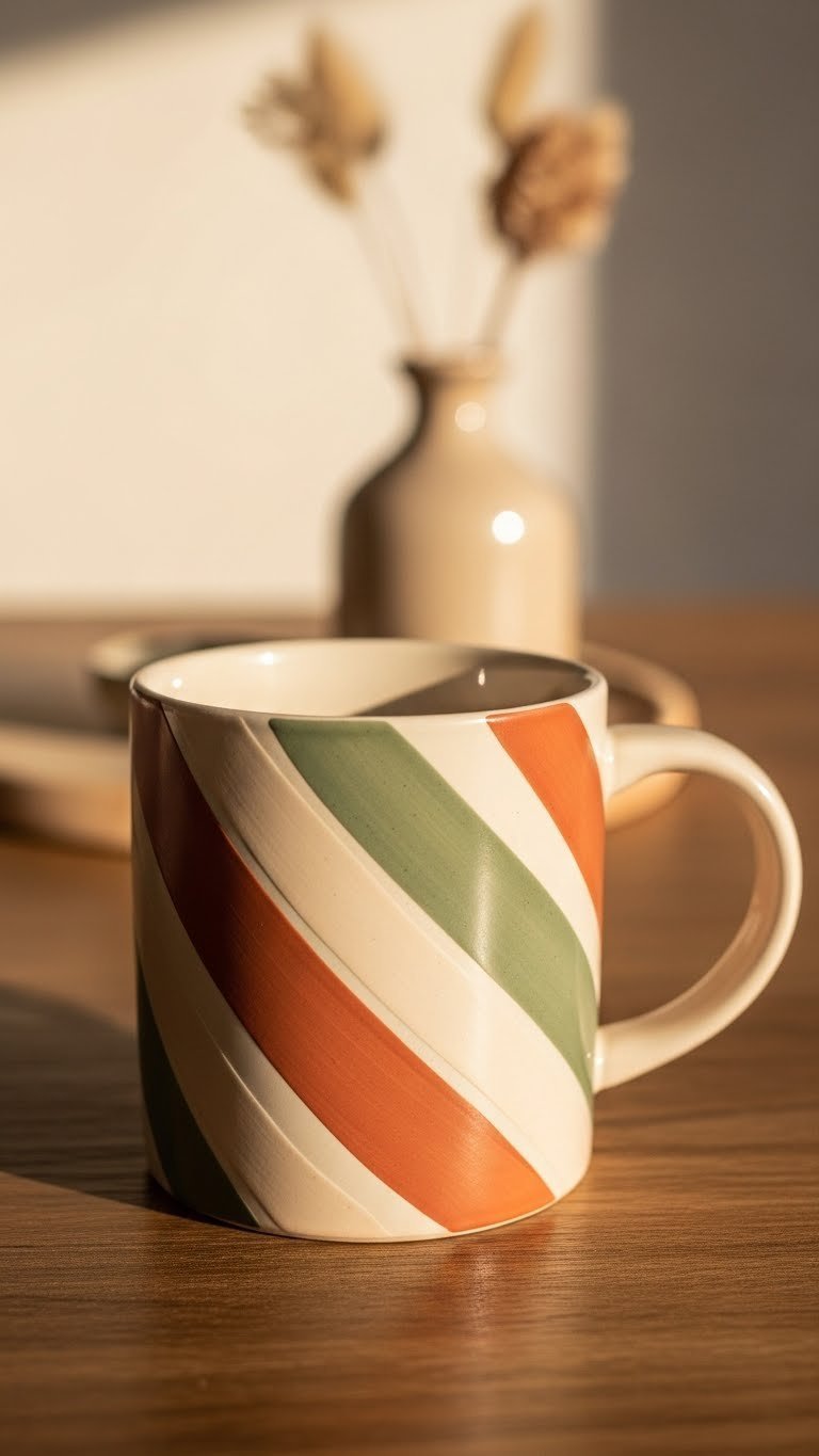 Modern ceramic mug with earthy terracotta and sage green diagonal abstract stripes on rustic wooden table