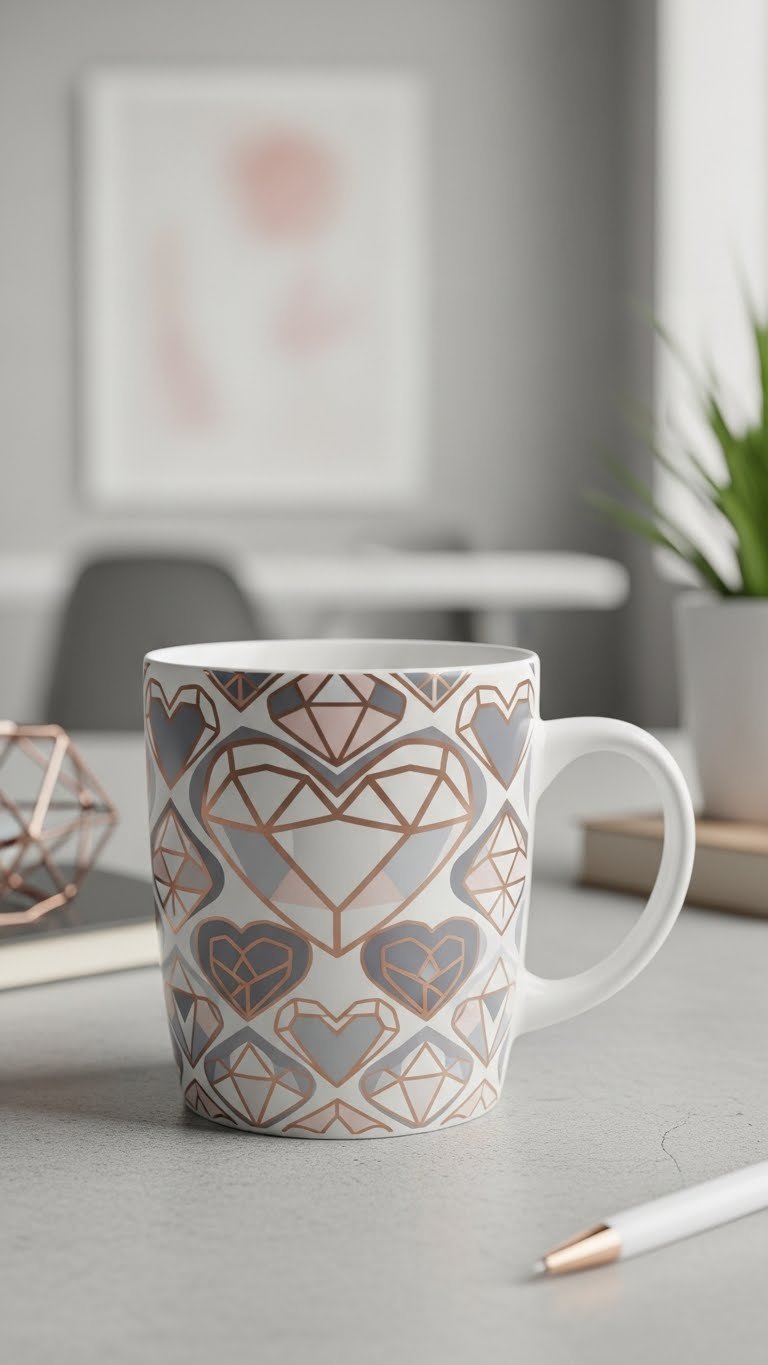 Modern ceramic mug with geometric heart pattern in rose gold and grey on light grey stone surface with minimalist decor.