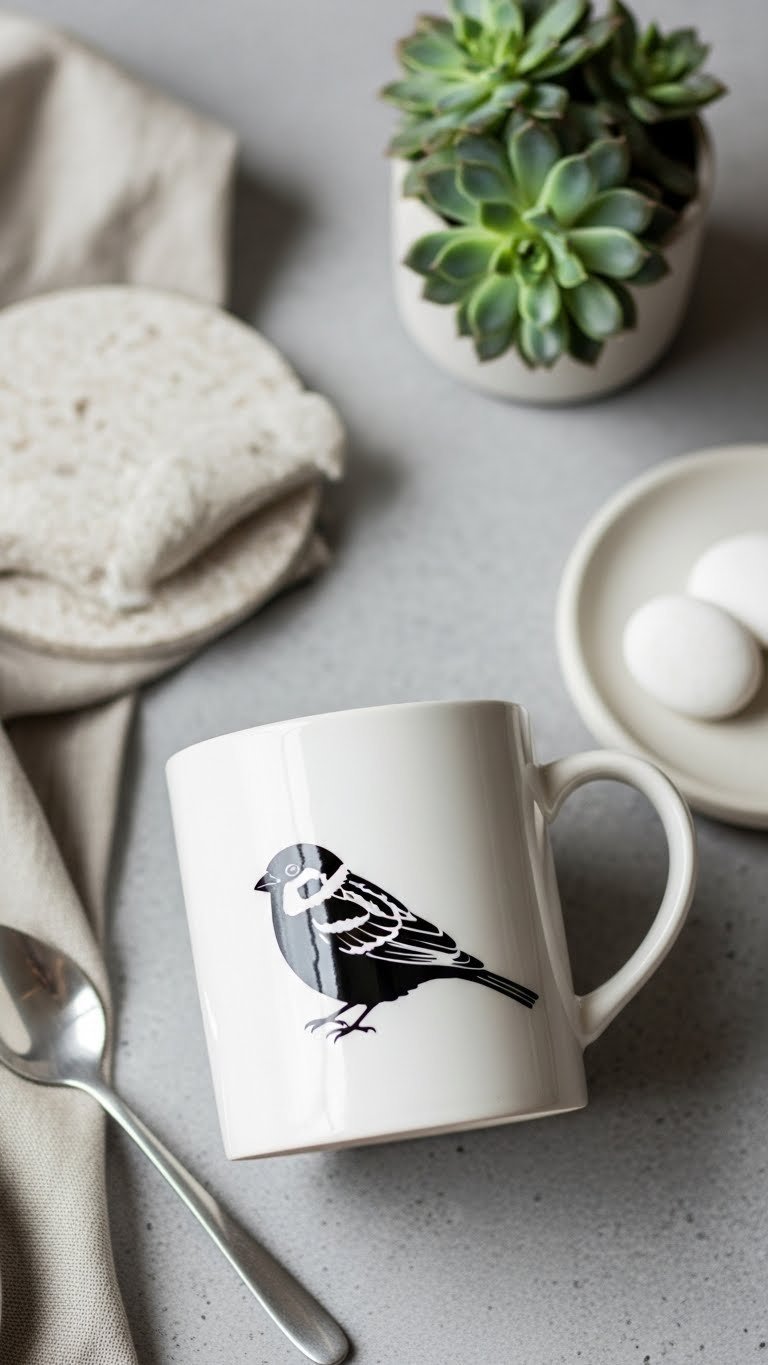 Modern ceramic mug with minimalist sparrow silhouette against concrete countertop with succulent plant