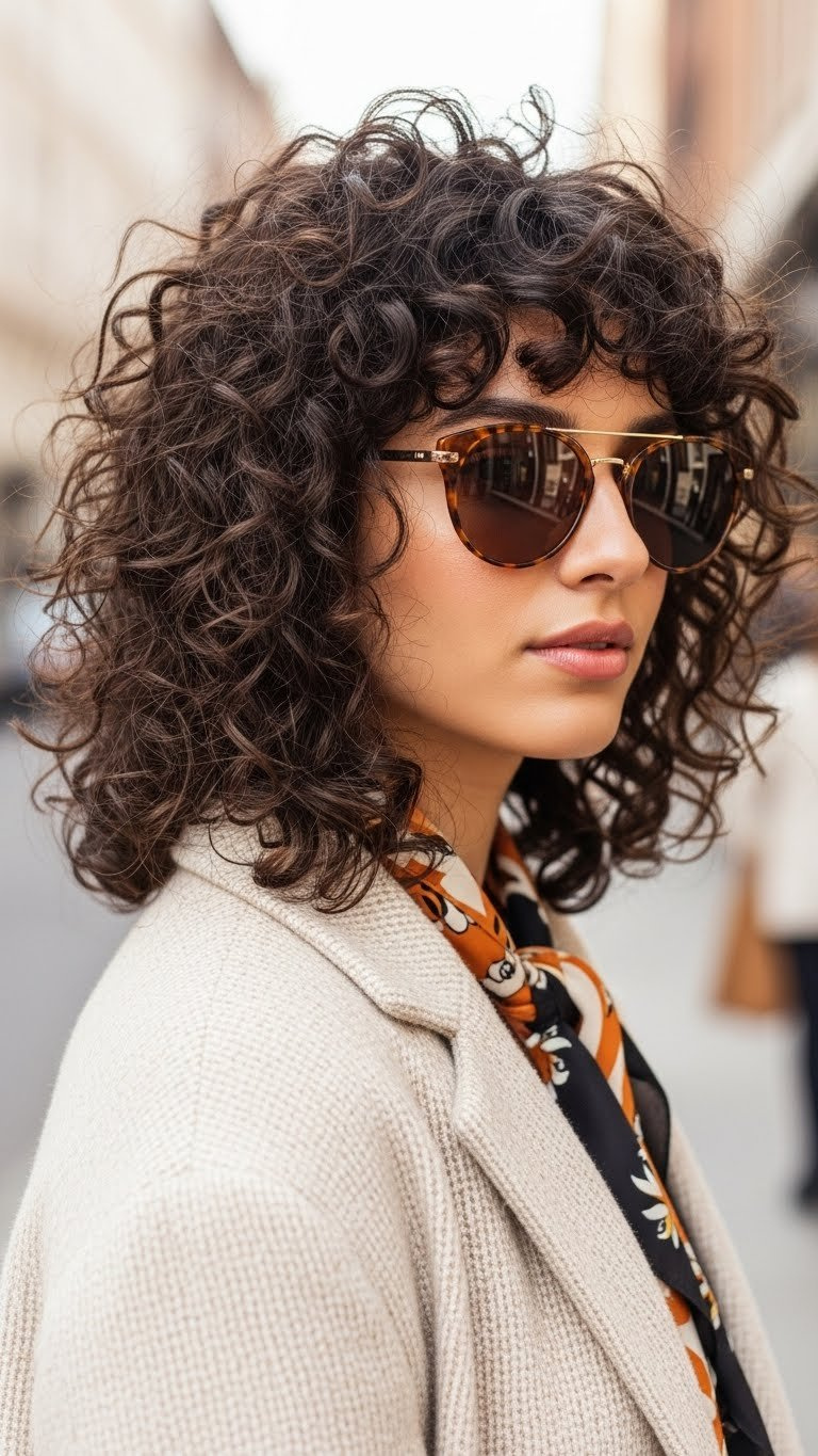 Modern curly shag hairstyle on medium length Arab hair with vibrant layered bouncy curls and natural texture