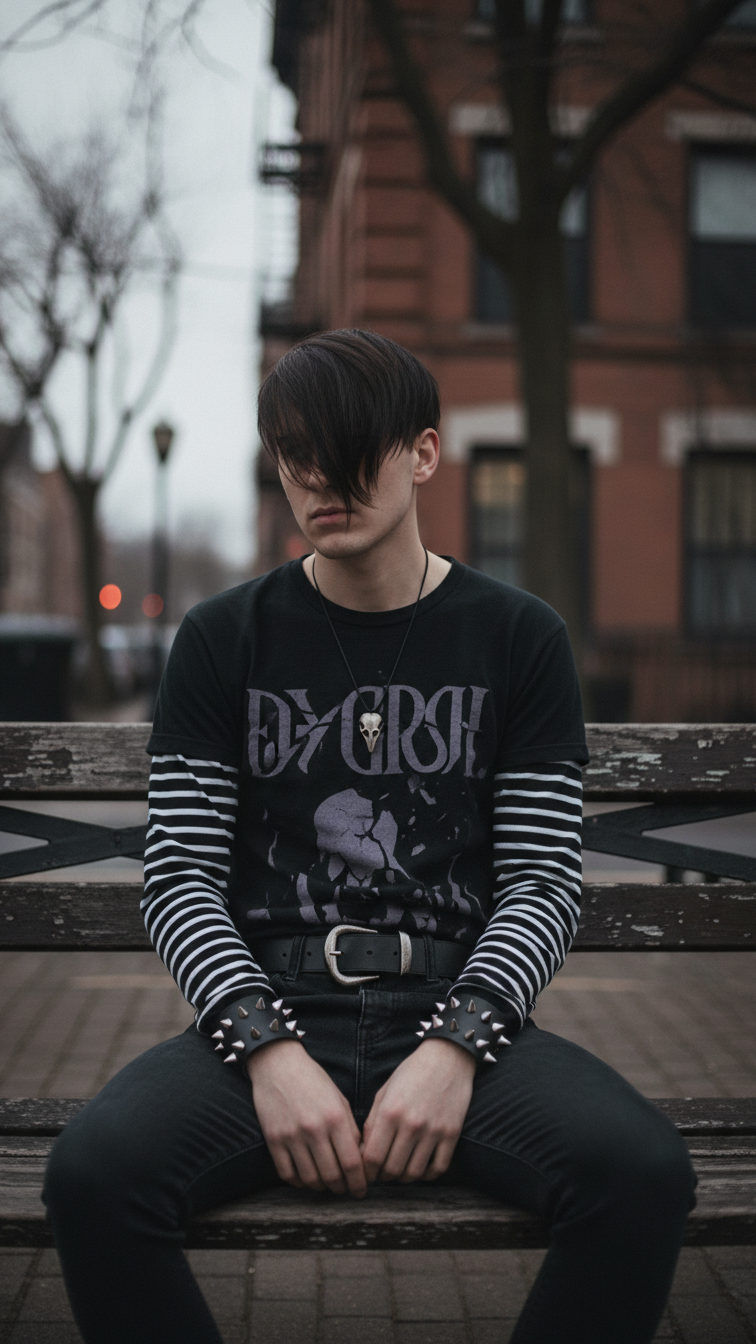 Modern emo alternative outfit with striped long-sleeve top layered under black graphic tee against moody urban backdrop