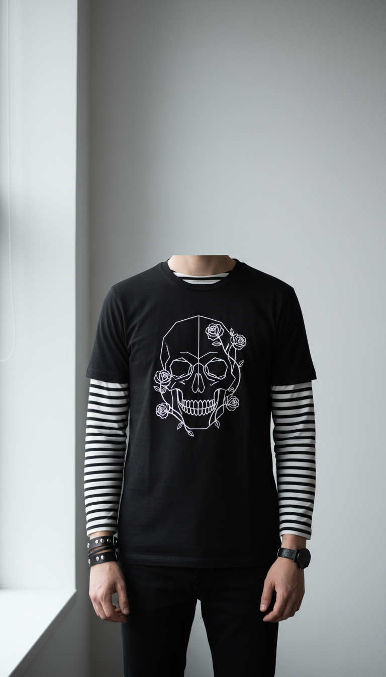 Modern emo layered sleeves look with black-and-white striped shirt under minimalist graphic tee on light gray background