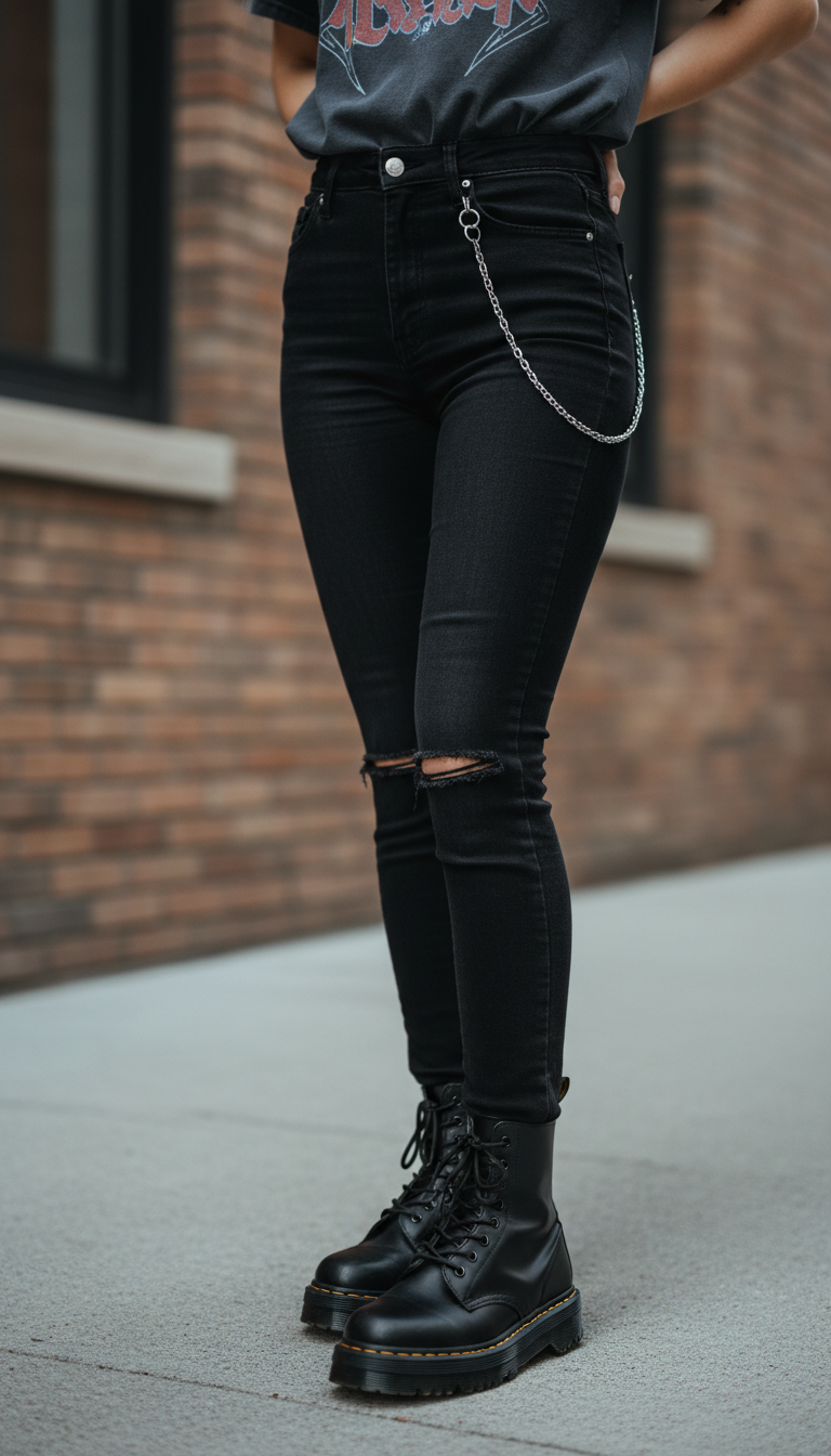 Modern emo outfit featuring black ripped skinny jeans, vintage band tee, and chunky combat boots on urban sidewalk with brick wall background