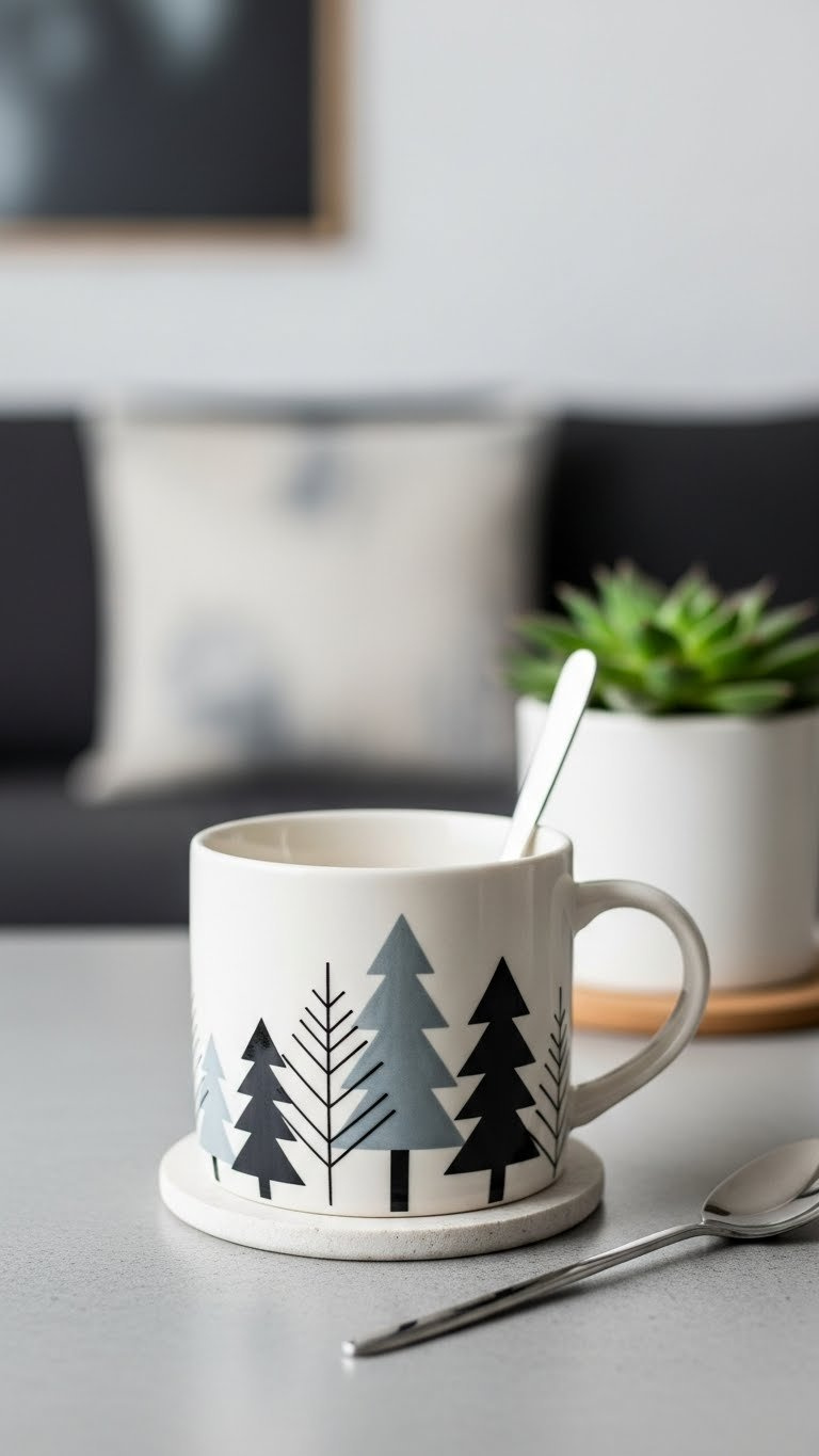 Modern geometric forest design mug with abstract tree patterns