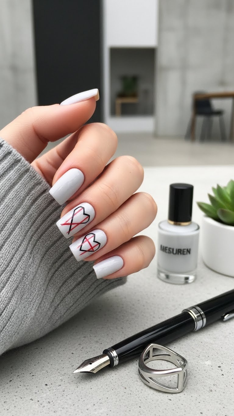 Modern geometric heart square nails with abstract red line designs on concrete background