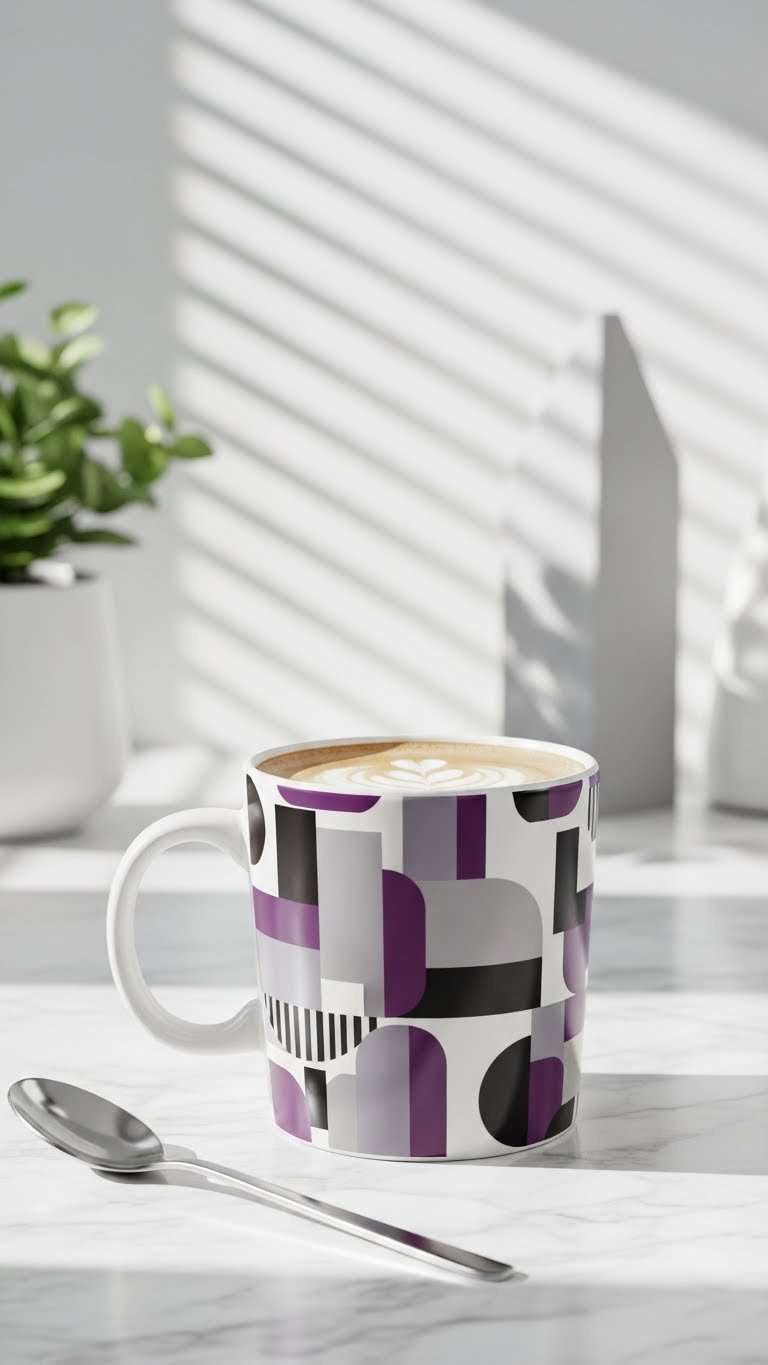 Modern geometric lavender pattern ceramic mug on white marble surface with clean architectural styling