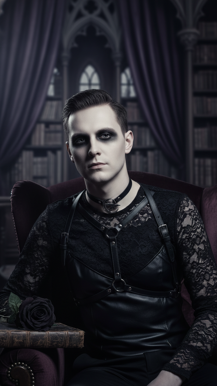 Modern goth outfit featuring dark lace top layered under black faux-leather harness with silver raven choker in moody library setting