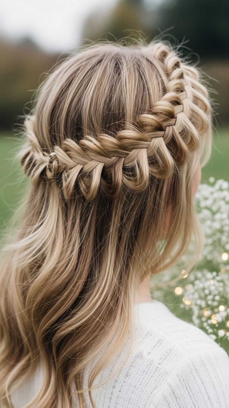 Modern halo braid encircling head with delicate ethereal charm and subtle flyaways on soft background