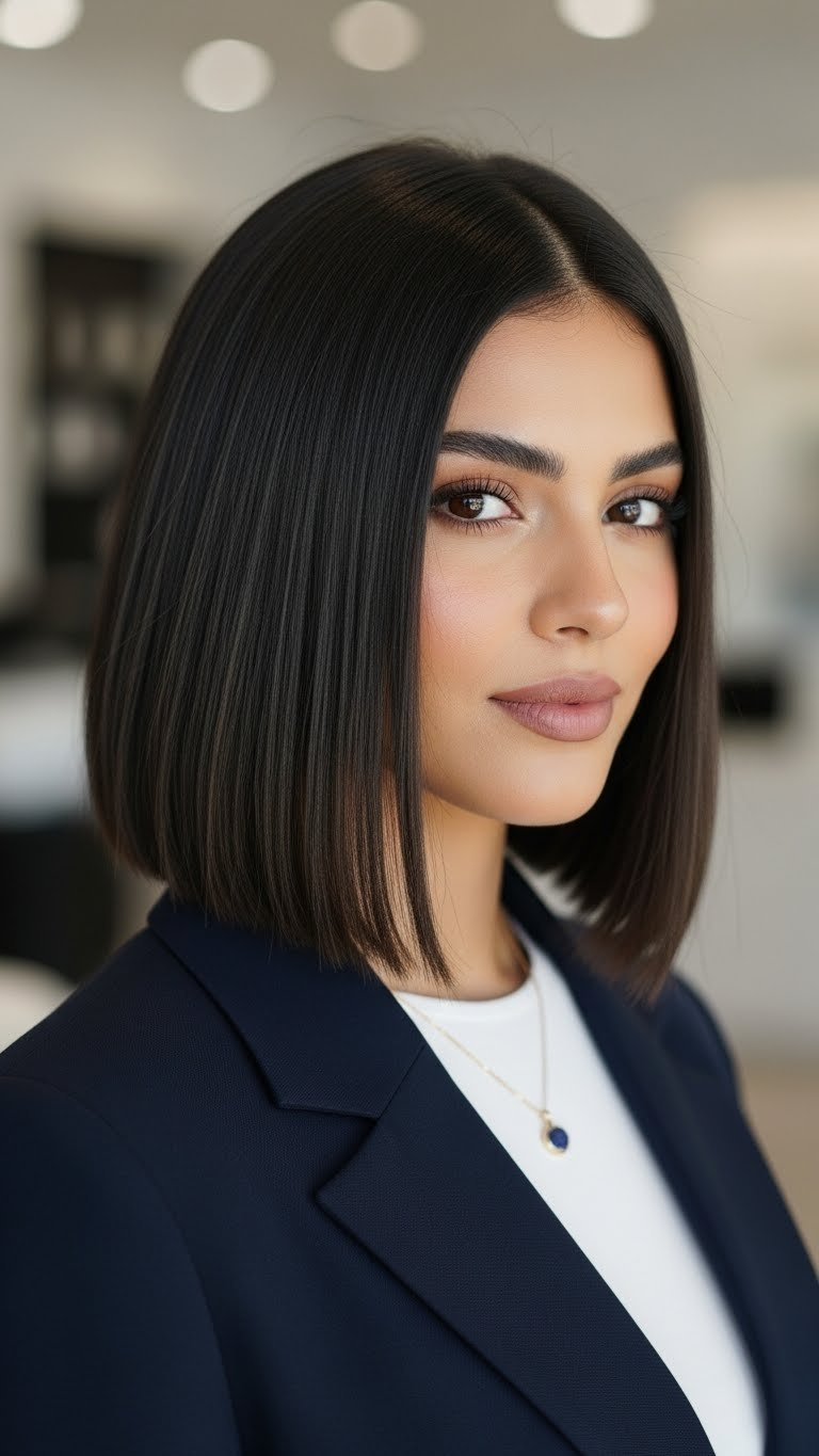 Modern layered lob haircut on medium length Arab hair with soft face-framing layers and polished appeal
