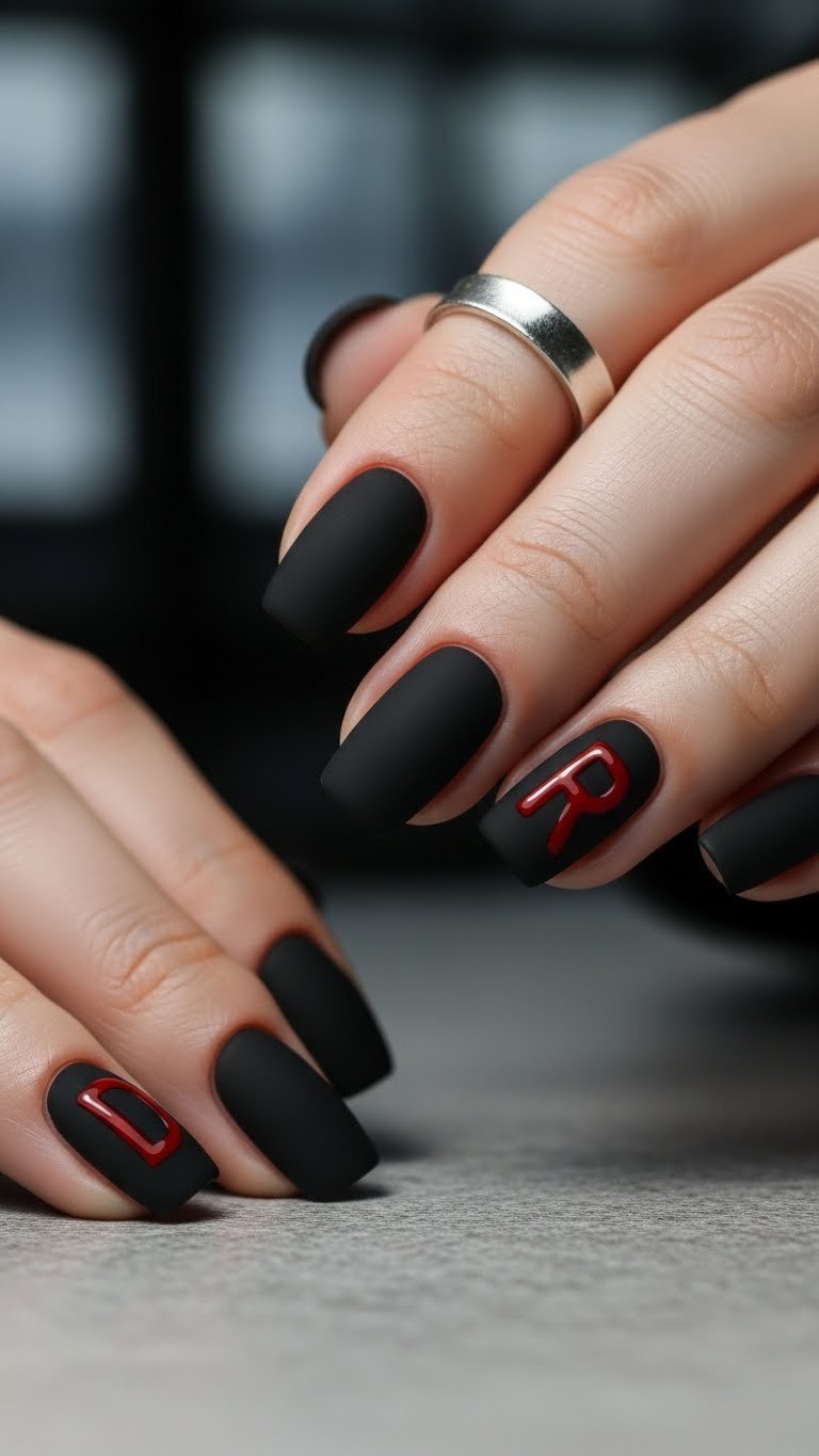 Modern matte black and red initials nails with bold glossy lettering contrast