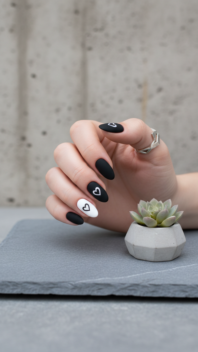 Modern matte black and white almond nails with contrasting heart outlines on cool stone background