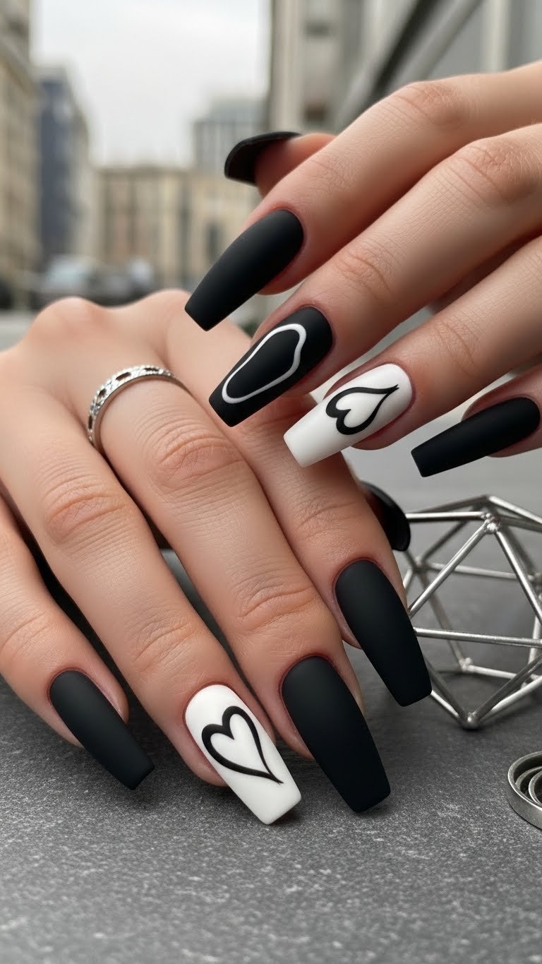 Modern matte black stiletto nails with crisp white abstract accents against minimalist urban background